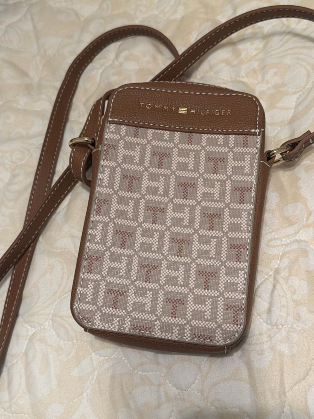 Tommy Hilfiger Brown Beige Monogram Crossbody Phone Bag